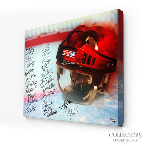 Multi-Signed Limited Edition Vintage Hockey Helmet Canvas Print - 25 Signatures