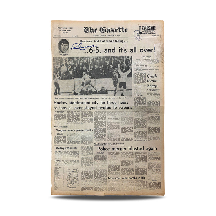 Paul Henderson Signed Original September 29, 1972 The Gazette Newspaper
