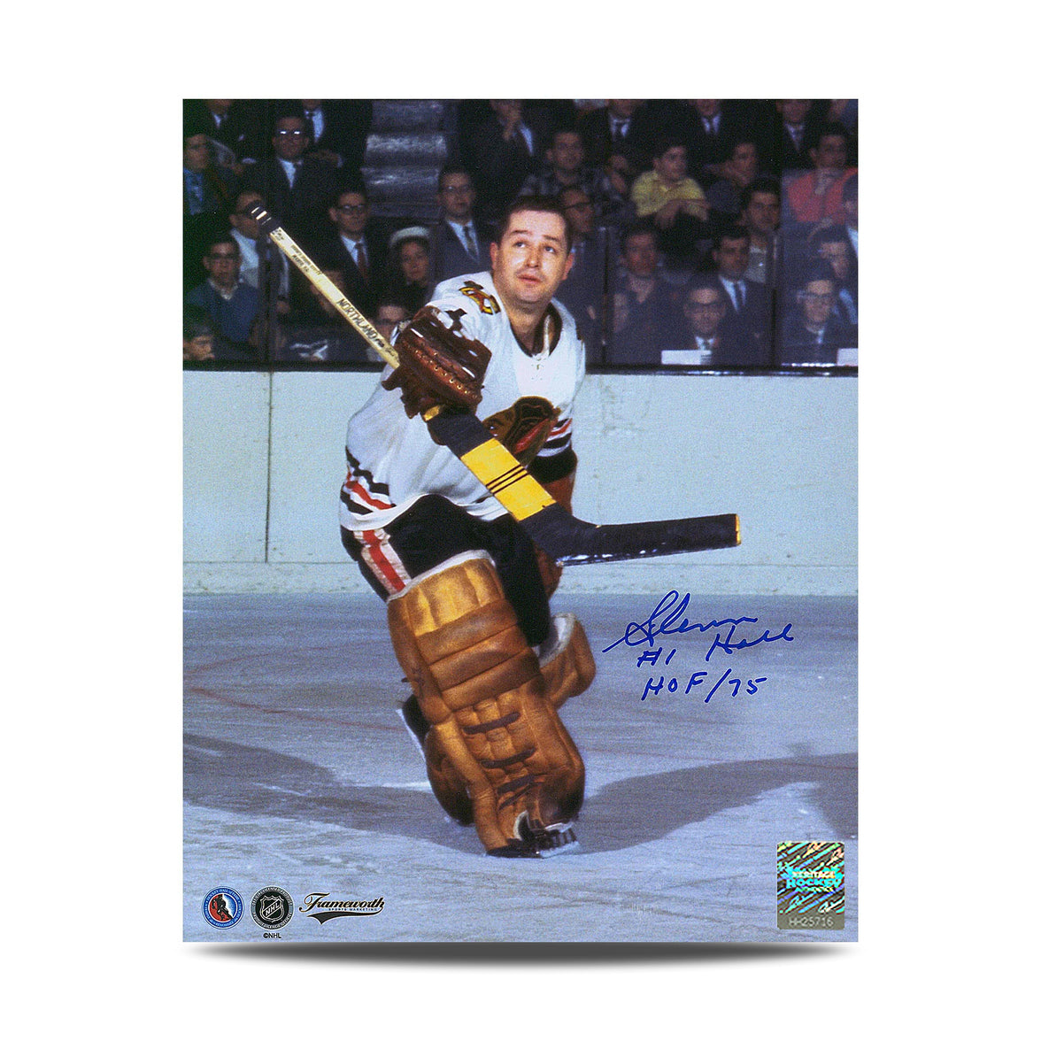 Glenn Hall Signed Chicago Blackhawks Puck In Air 8X10 Photo With HOF Note