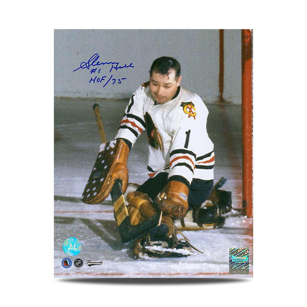 Glenn Hall Signed Chicago Blackhawks Glove Save 8X10 Photo With HOF Note