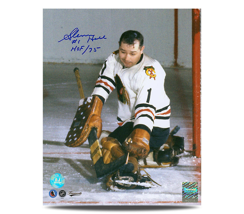 Glenn Hall Signed Chicago Blackhawks Glove Save 8X10 Photo With HOF Note