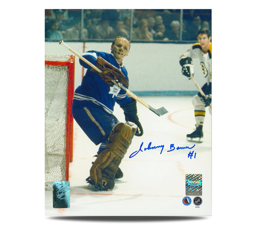 Johnny Bower Signed Toronto Maple Leafs Maple Leaf Goalie Mask 8X10 Photo - Heritage Hockey™