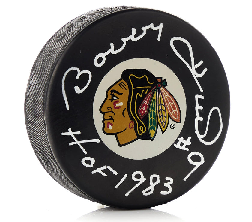 Bobby Hull Signed Chicago Blackhawks Puck with HOF Note