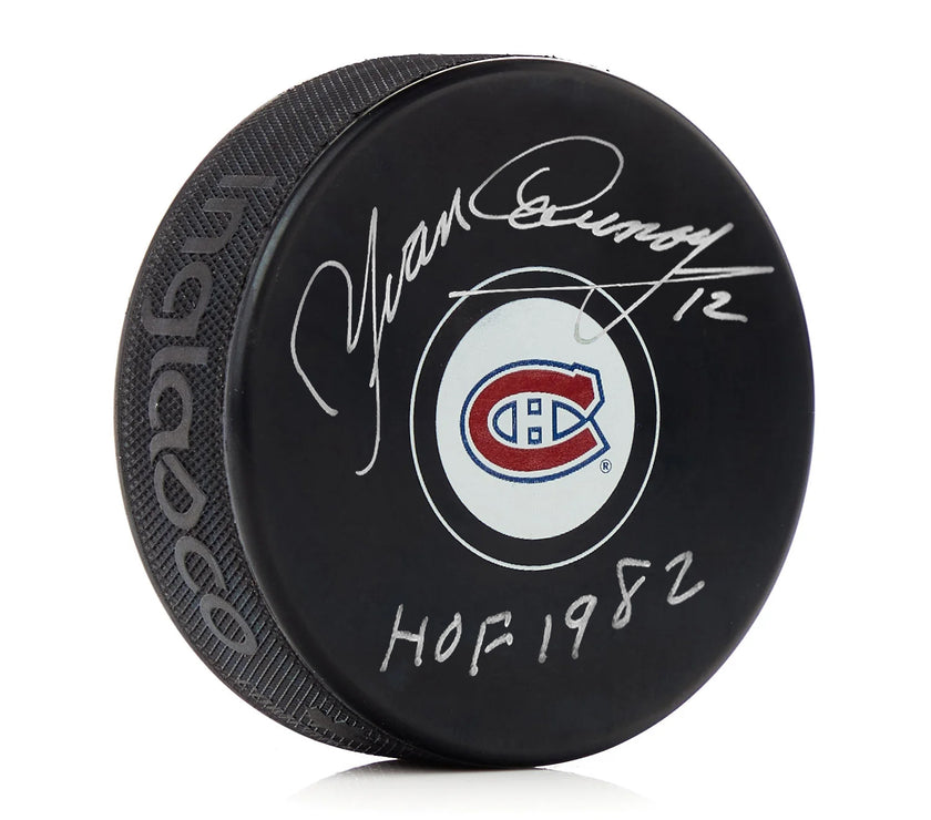 Yvan Cournoyer Signed Montreal Canadiens Puck with HOF 1982 Note
