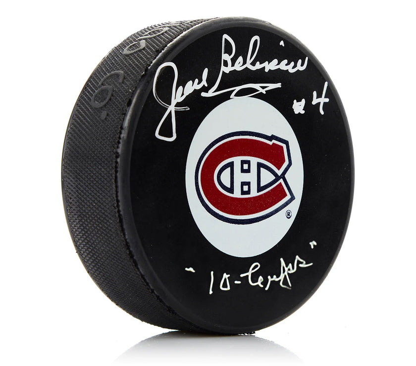 Jean Beliveau Signed Montreal Canadiens Puck with 10 Cups Note - Heritage Hockey™