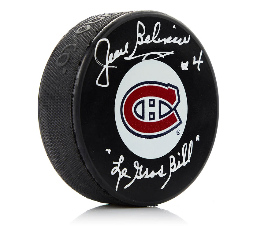 Jean Beliveau Signed Montreal Canadiens Puck with Le Gros Bill Note - Heritage Hockey™