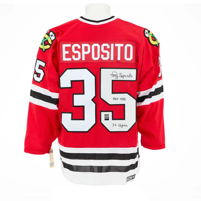 Tony Esposito Signed & Inscribed Chicago Blackhawks CCM Vintage Red Jersey