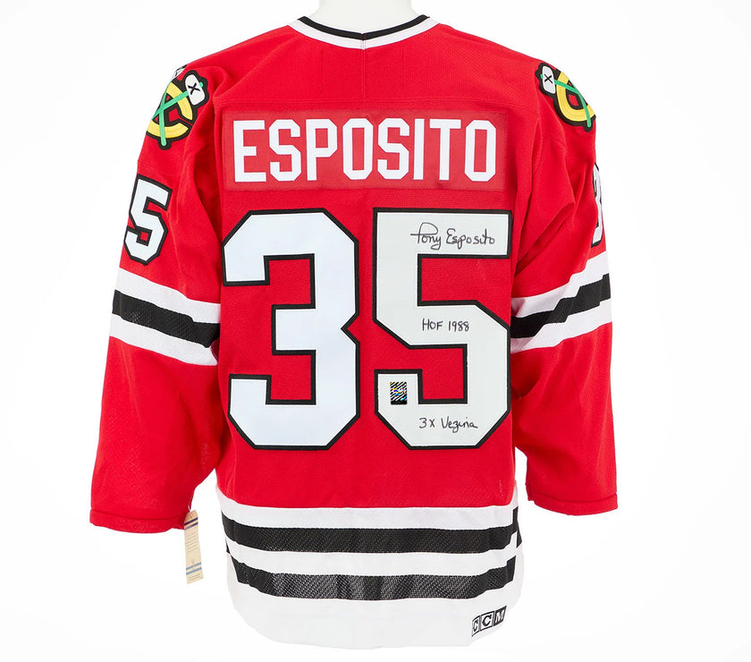 Tony Esposito Signed & Inscribed Chicago Blackhawks CCM Vintage Red Jersey