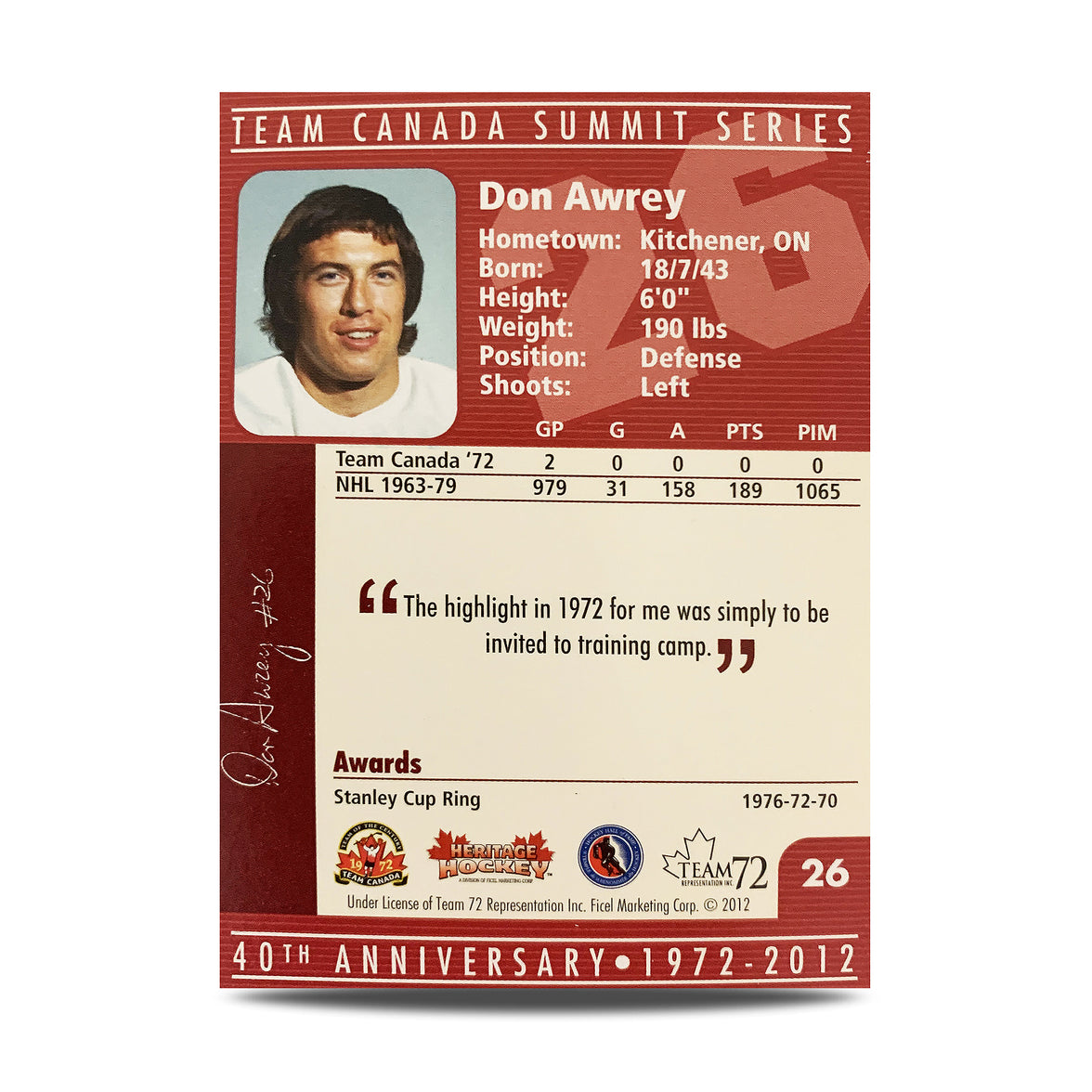 Don Awrey #26 Signed Official 40th Anniversary Team Canada 1972 Card