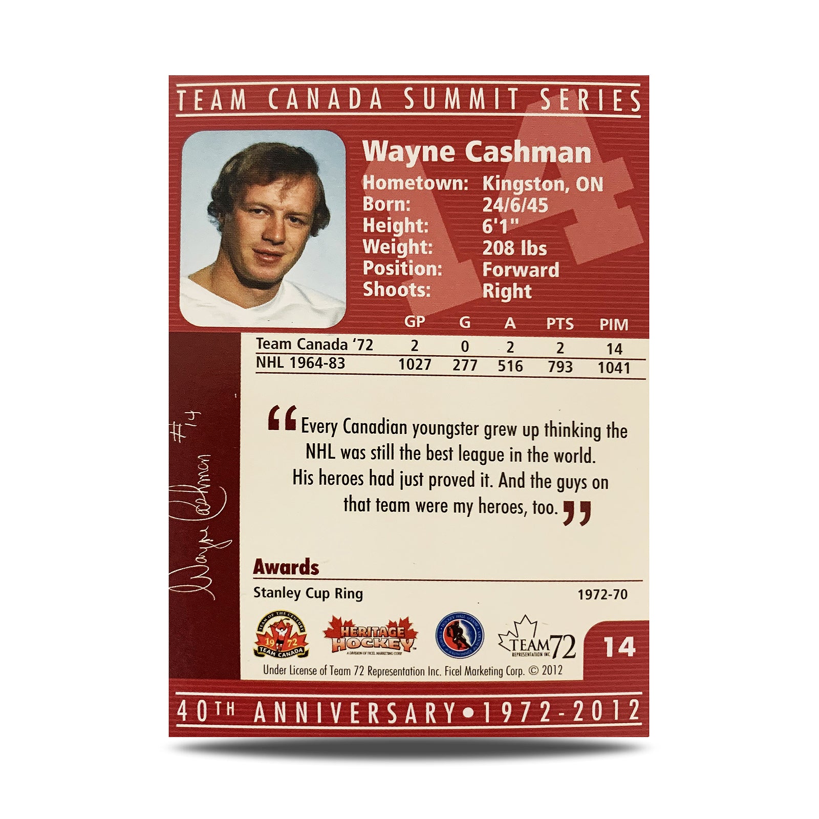 Wayne Cashman #14 Signed Official 40th Anniversary Team Canada 1972 Card