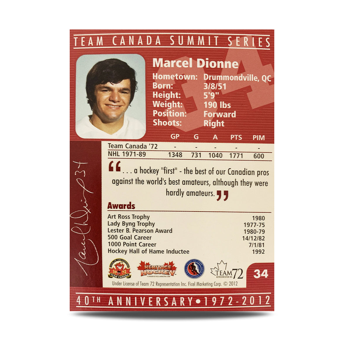 Marcel Dionne #34 Signed Official 40th Anniversary Team Canada 1972 Card