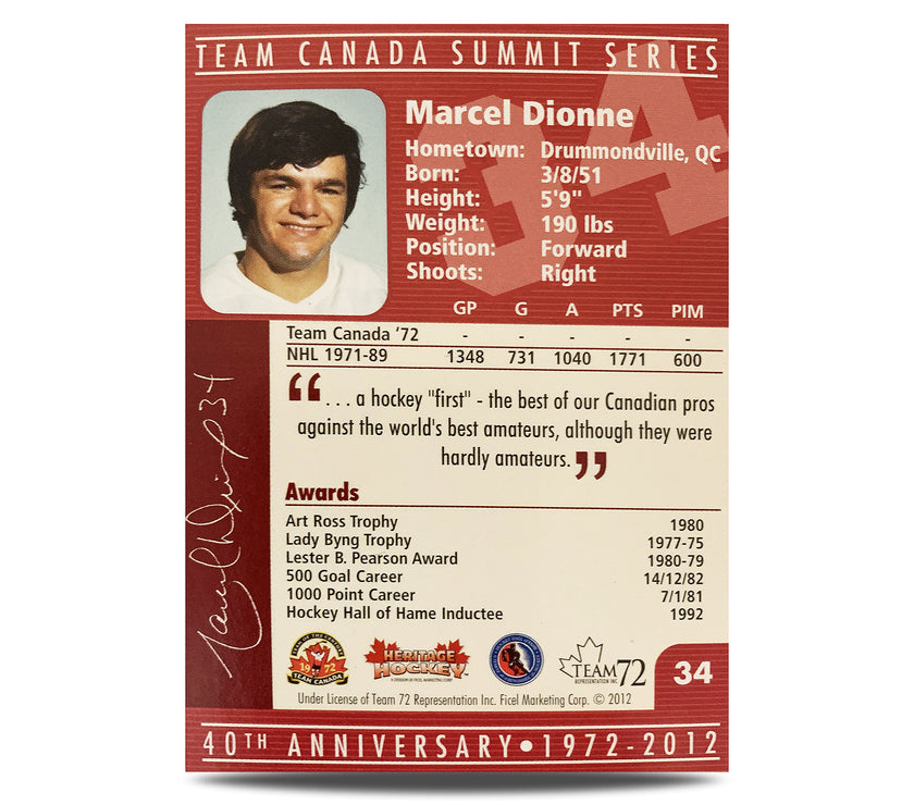 Marcel Dionne #34 Signed Official 40th Anniversary Team Canada 1972 Card