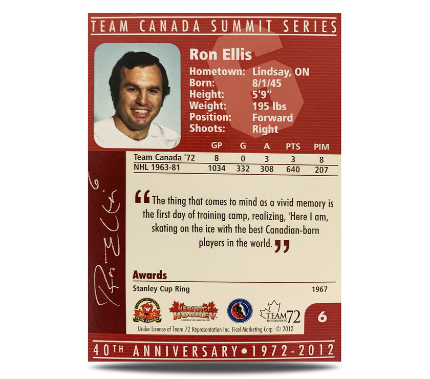 Ron Ellis #6 Signed Official 40th Anniversary Team Canada 1972 Card
