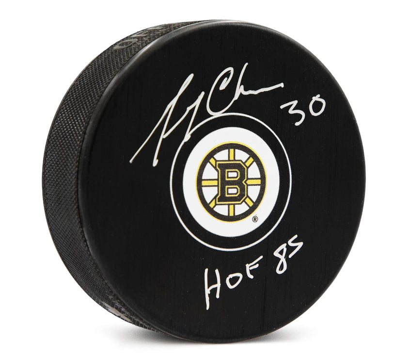 Gerry Cheevers Signed Boston Bruins Puck with HOF Note