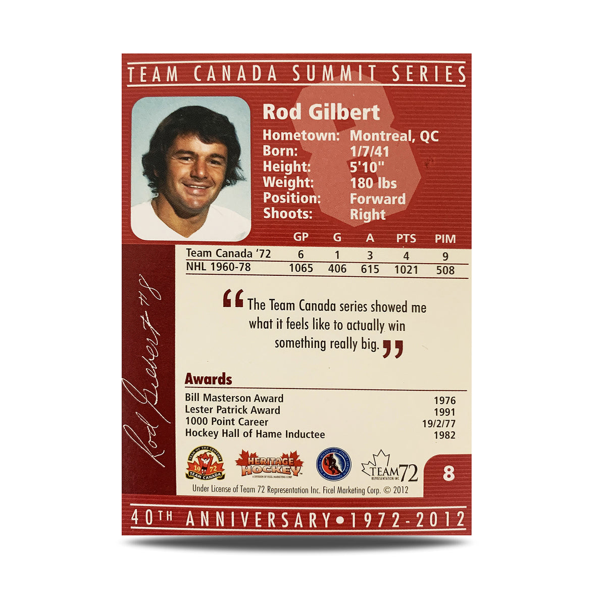 Rod Gilbert #8 Signed Official 40th Anniversary Team Canada 1972 Card
