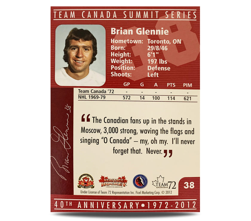Brian Glennie #38 Signed Official 40th Anniversary Team Canada 1972 Card