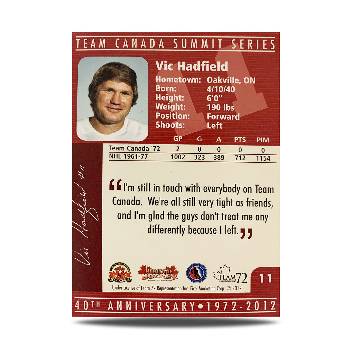 Vic Hadfield #11 Signed Official 40th Anniversary Team Canada 1972 Card