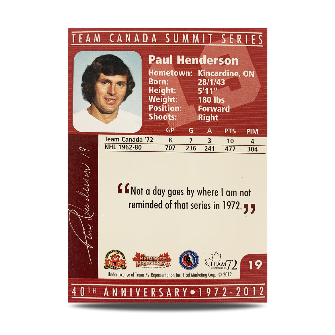 Paul Henderson #19 Signed Official 40th Anniversary Team Canada 1972 Card