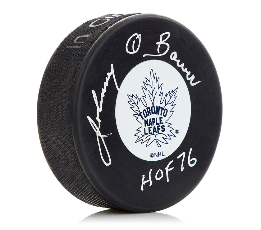 Johnny Bower Signed Toronto Maple Leafs Vintage Puck with HOF Note