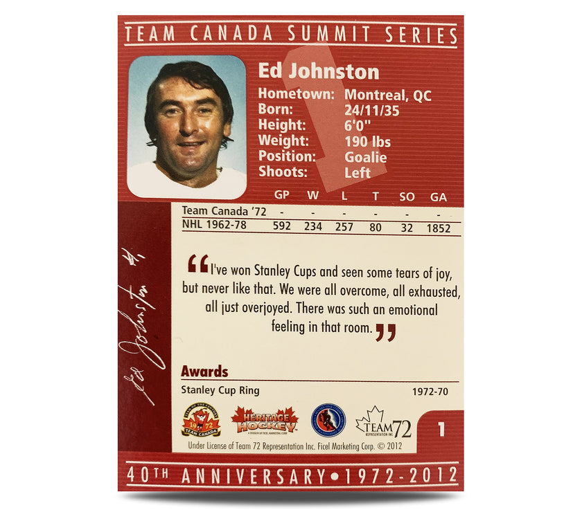 Ed Johnston #1 Signed Official 40th Anniversary Team Canada 1972 Card