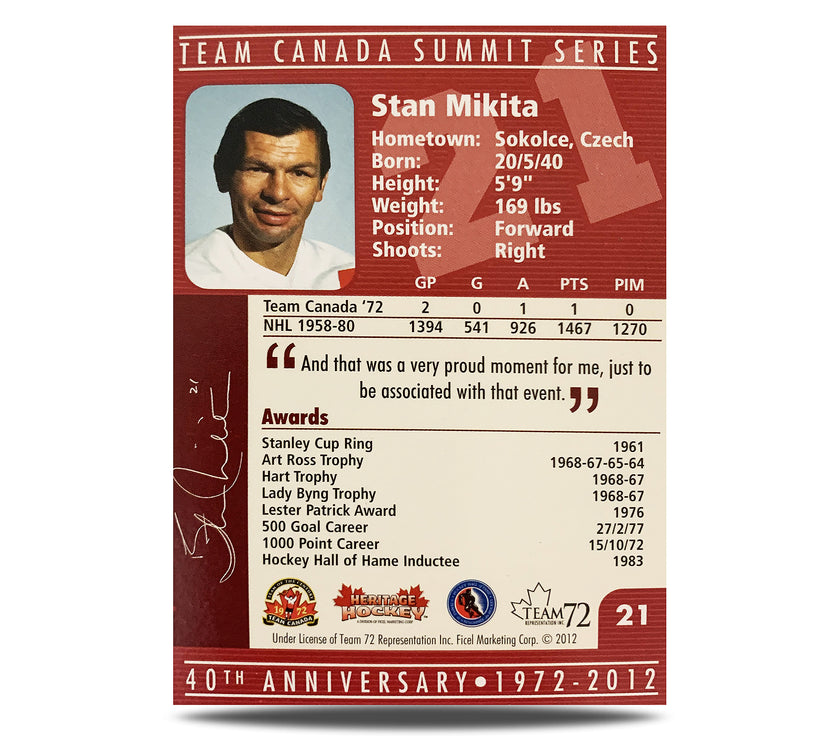 Stan Mikita #21 Signed Official 40th Anniversary Team Canada 1972 Card