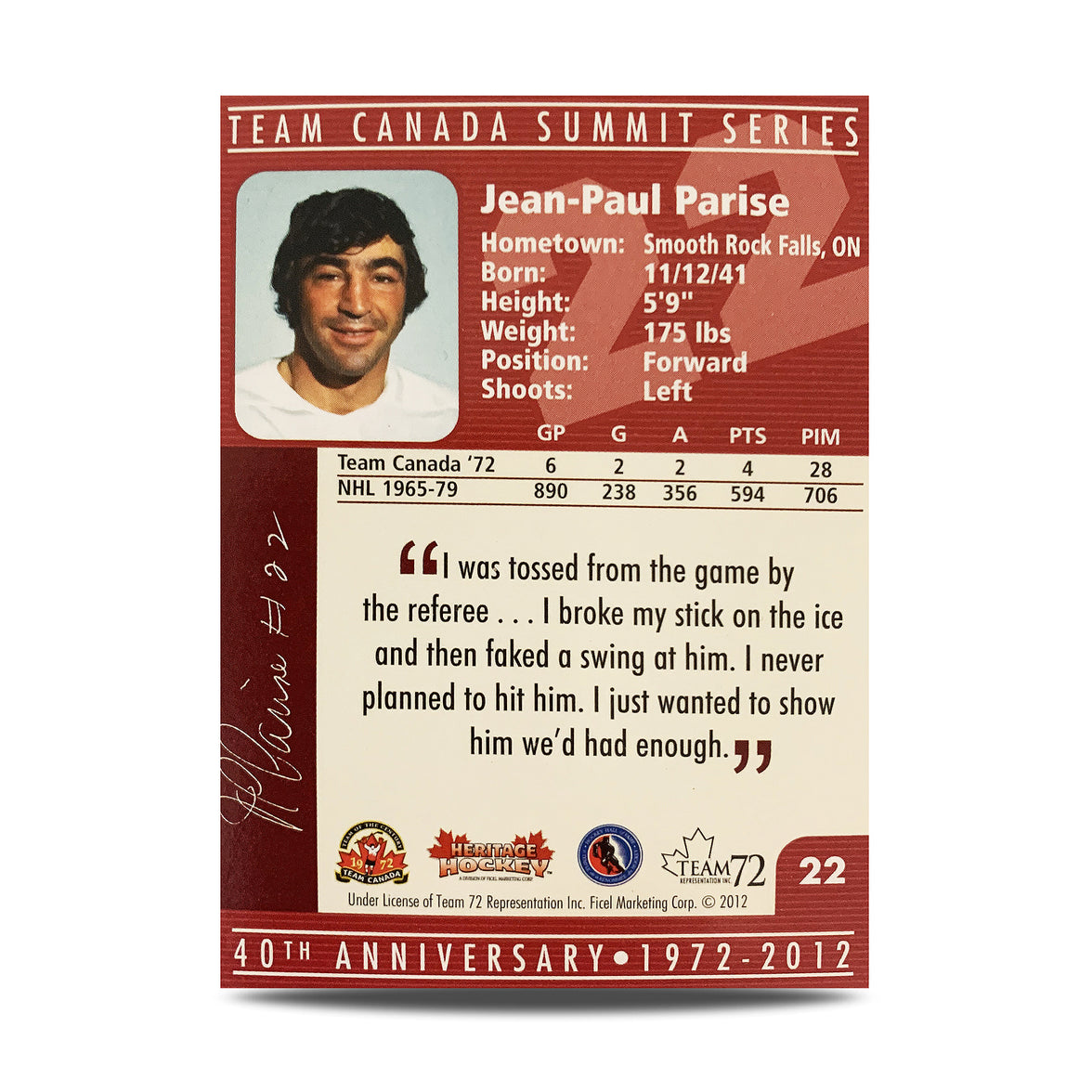 J.P. Parise #22 Signed Official 40th Anniversary Team Canada 1972 Card