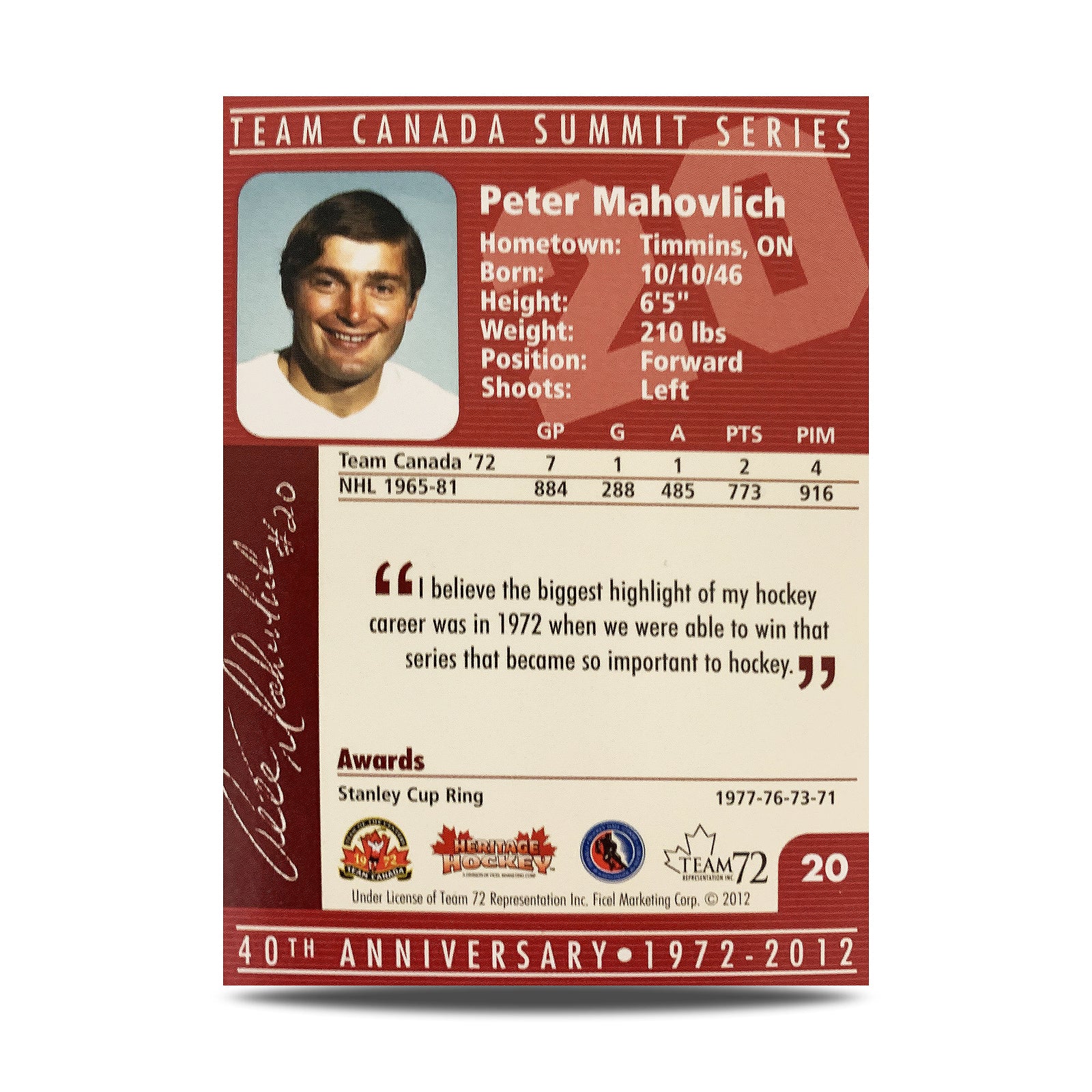 Peter Mahovlich #20 Signed Official 40th Anniversary Team Canada 1972 Card