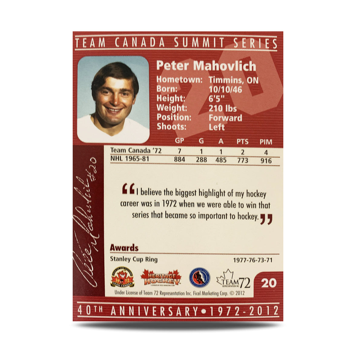 Peter Mahovlich #20 Signed Official 40th Anniversary Team Canada 1972 Card