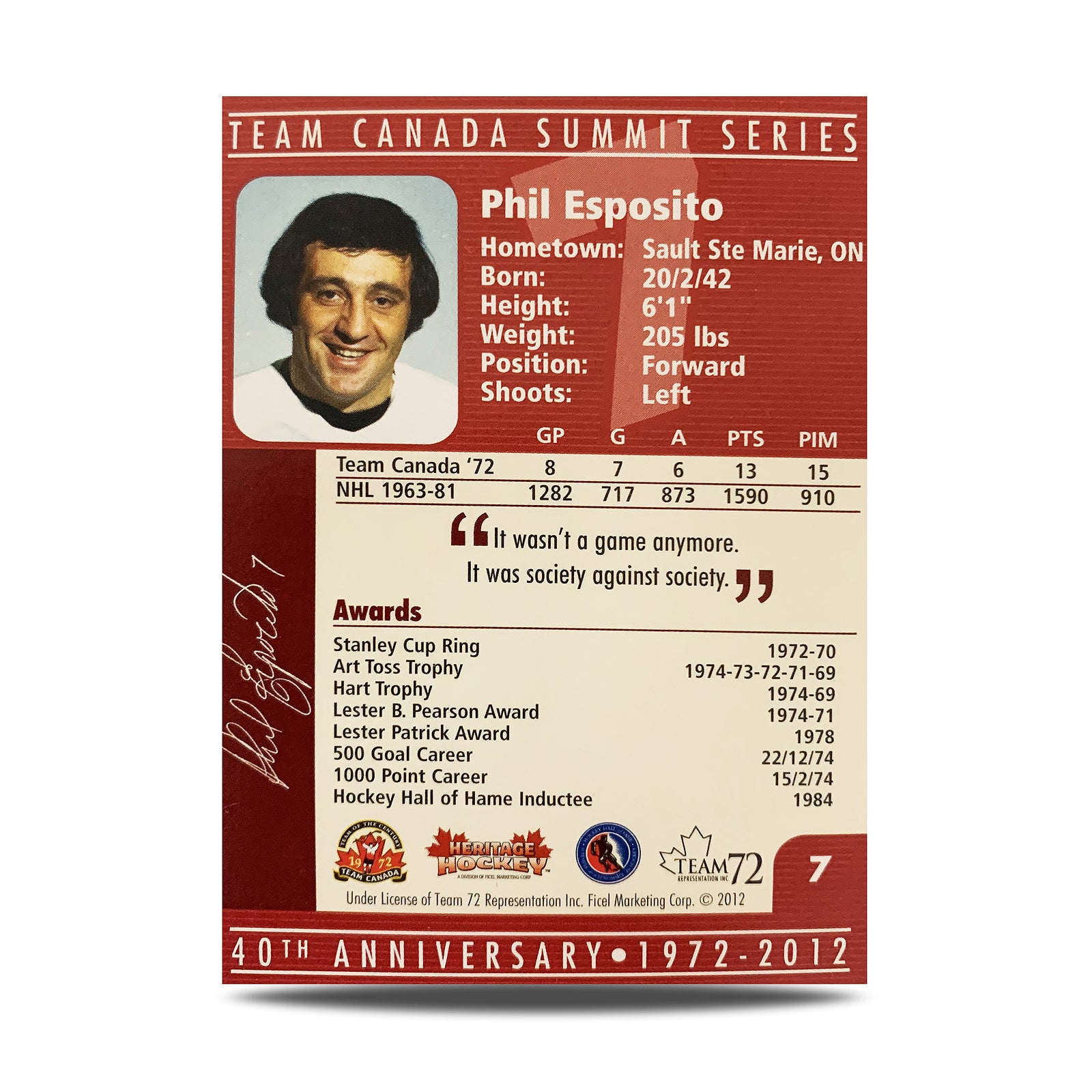 Phil Esposito #7 Signed Official 40th Anniversary Team Canada 1972 Card