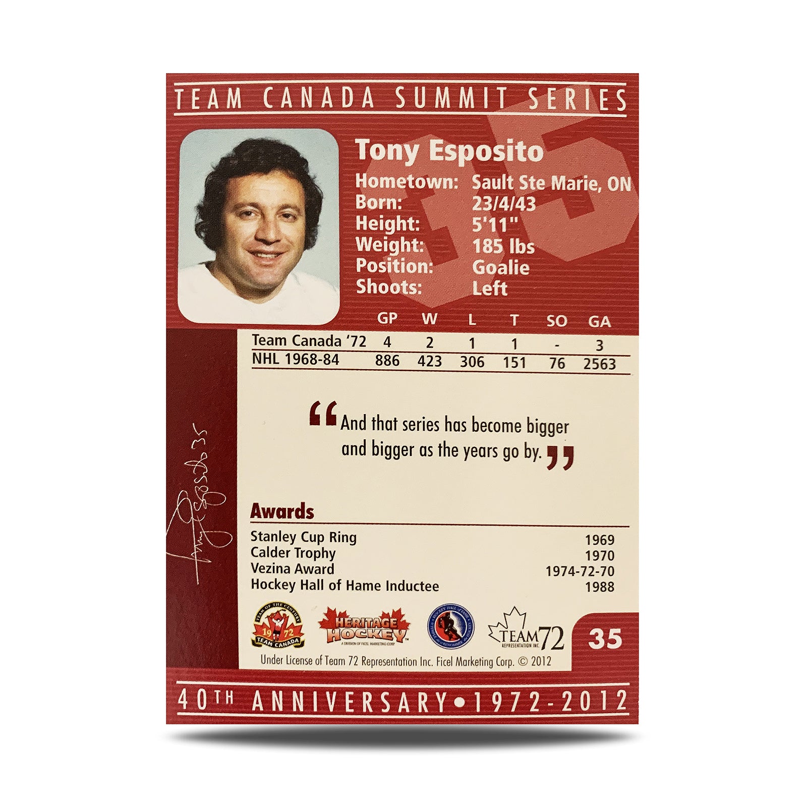 Tony Esposito #35 Signed Official 40th Anniversary Team Canada 1972 Card