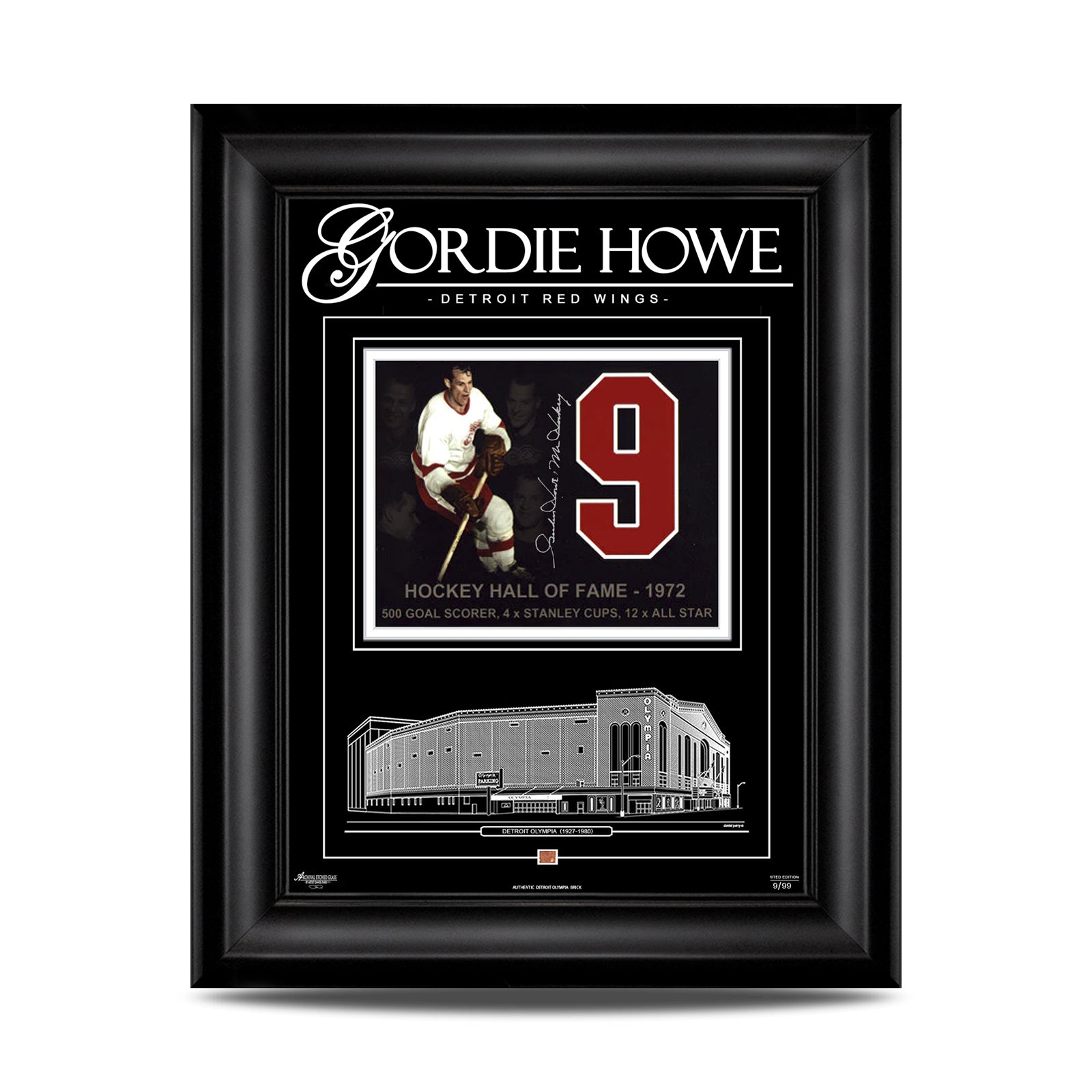 Gordie Howe Signed Detroit Red Wings Archival Etched Glass 21X25 Framed Photo