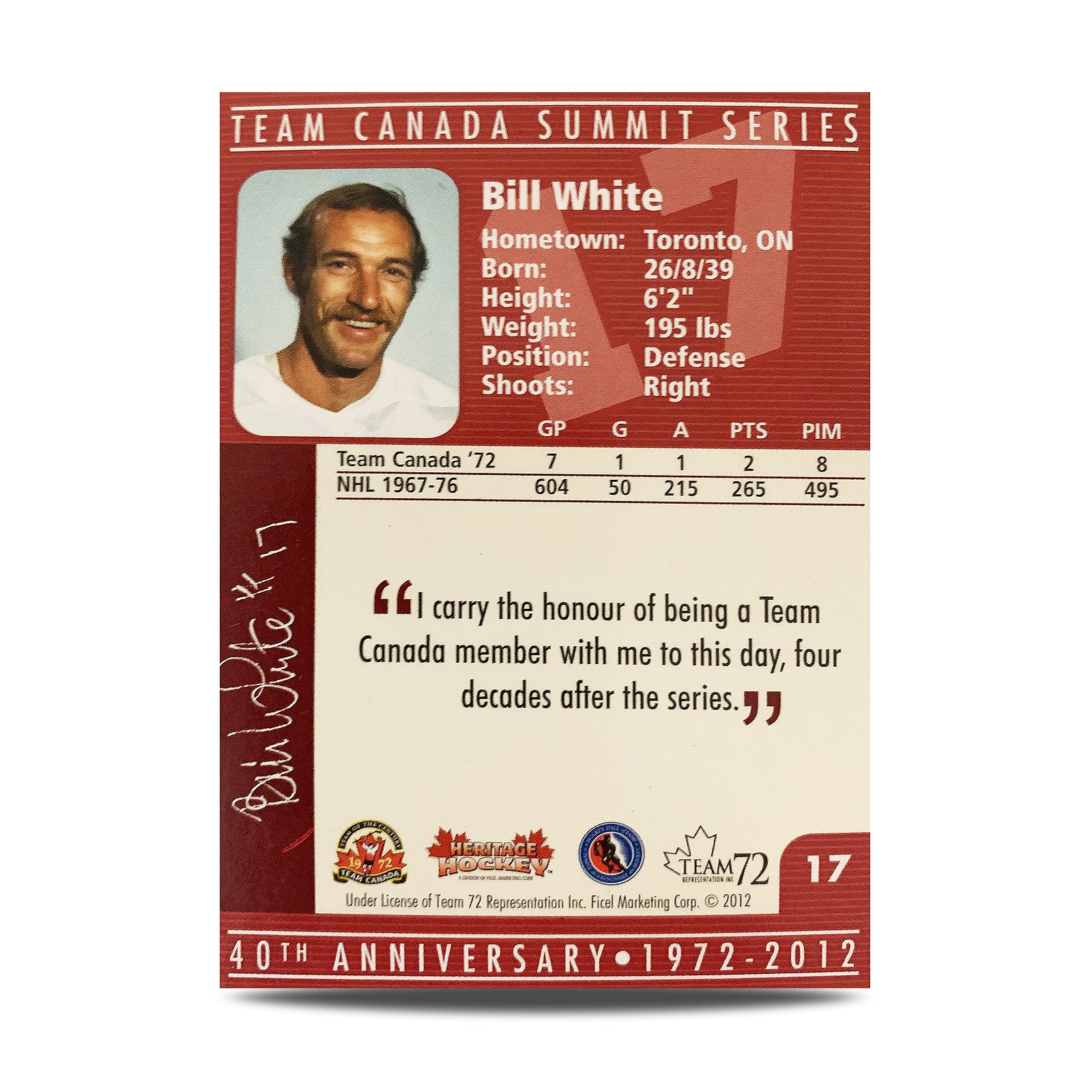 Bill White #17 Signed Official 40th Anniversary Team Canada 1972 Card