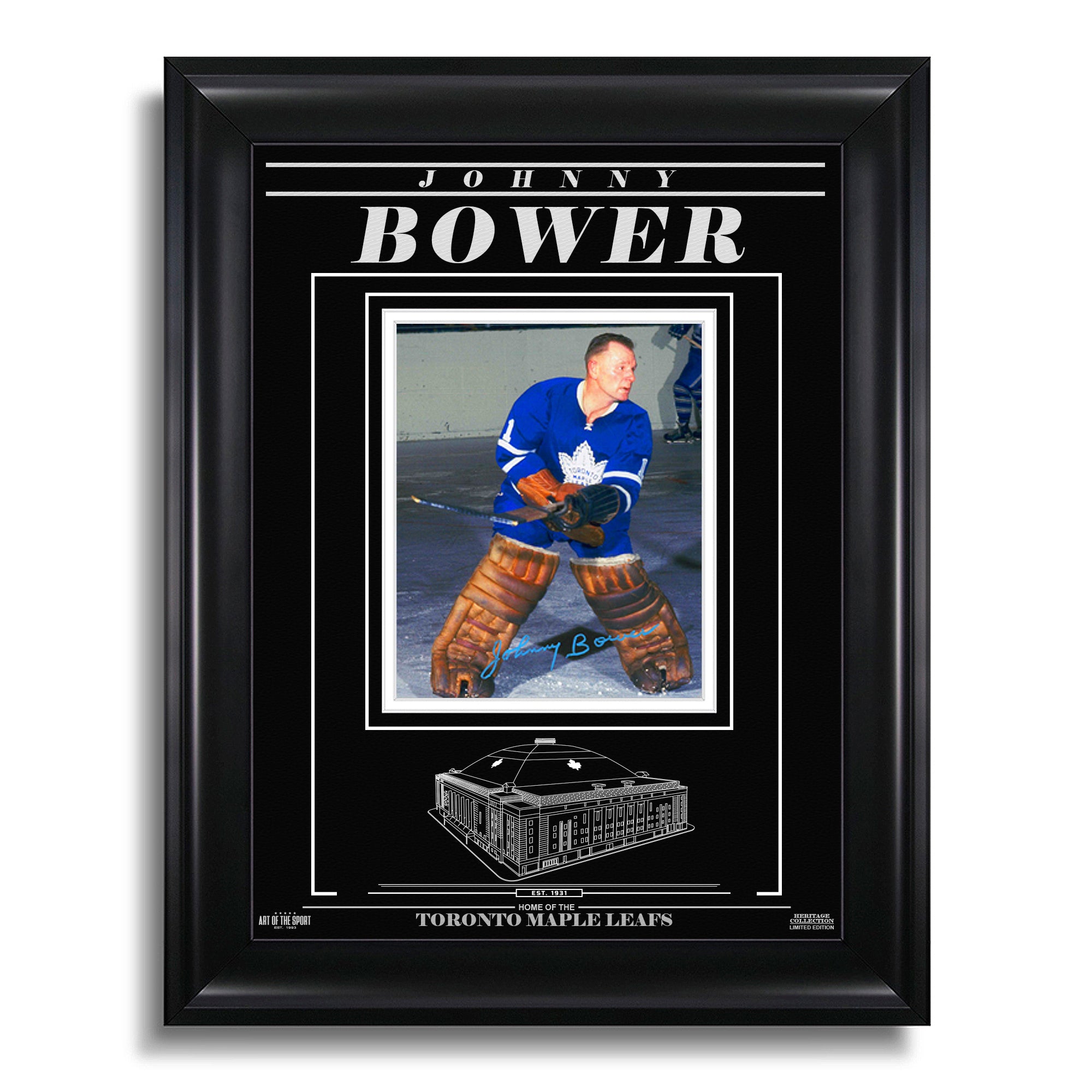 Johnny Bower Toronto Maple Leafs Engraved Framed Signed Photo - Action Colour - Heritage Hockey™