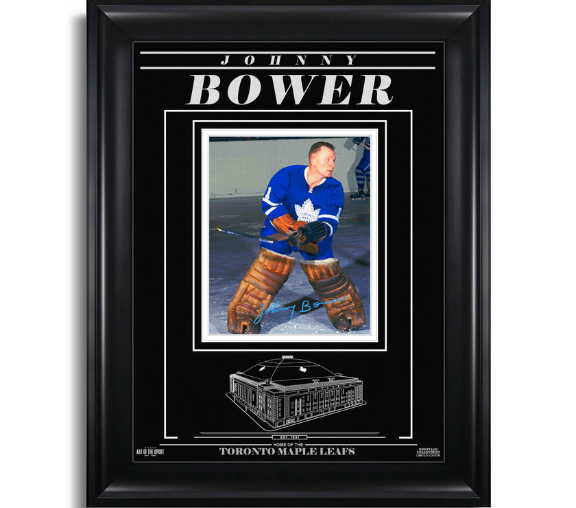 Johnny Bower Toronto Maple Leafs Engraved Framed Signed Photo - Action Colour - Heritage Hockey™