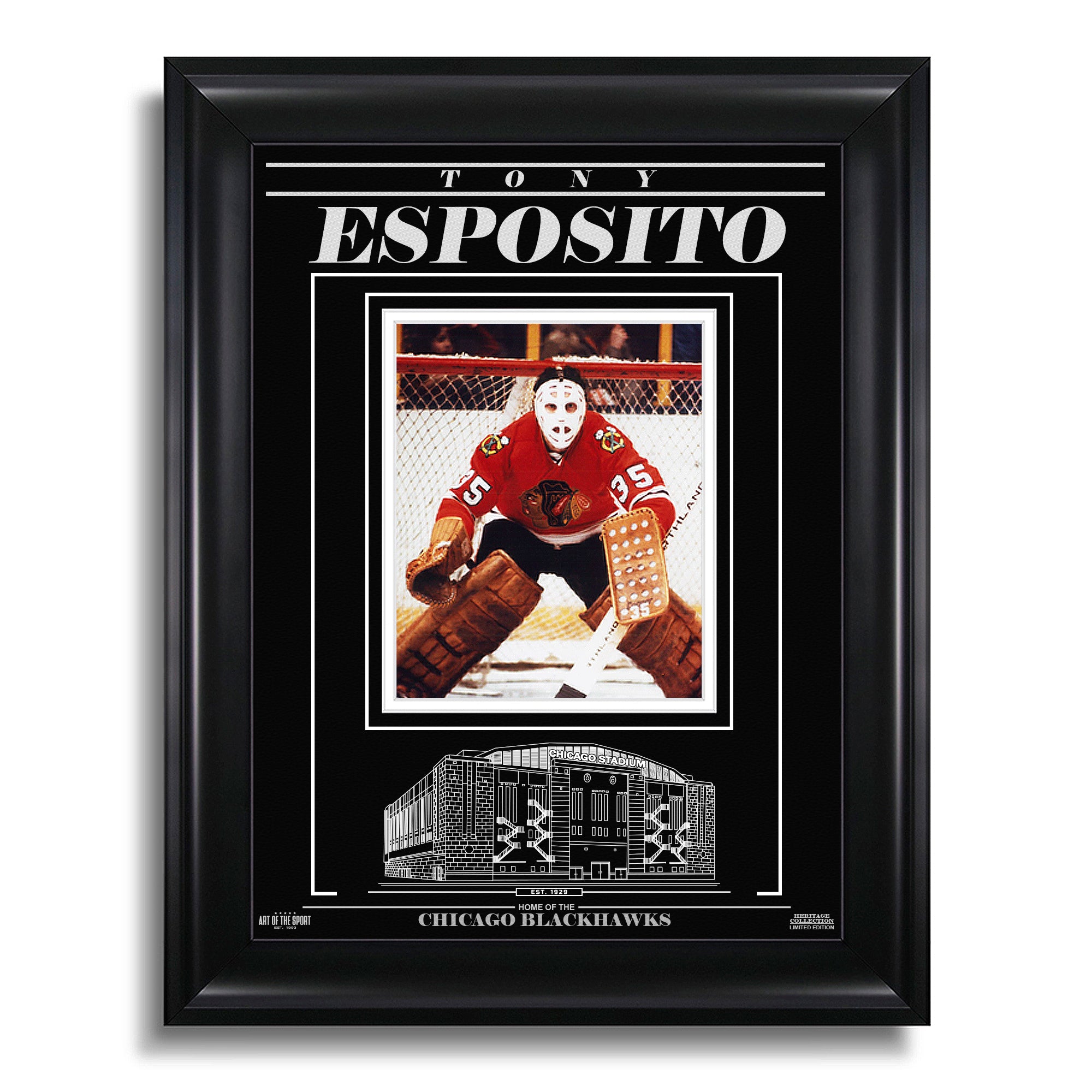 Tony Esposito Chicago Blackhawks Engraved Framed Photo - Focus - Heritage Hockey™